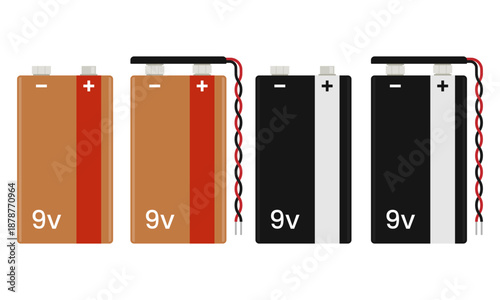 9V battery set with connectors isolated on white background. Flat vector illustration of 9 Volt batteries for electrical schematics, hobbyist prototyping guides, and educational physics materials