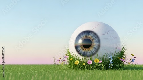 Giant eye in a field of colorful flowers and green grass