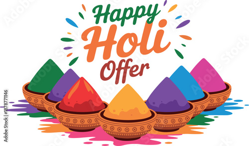Vibrant Happy Holi Festival Offer Illustration with Colorful Gulal Bowls