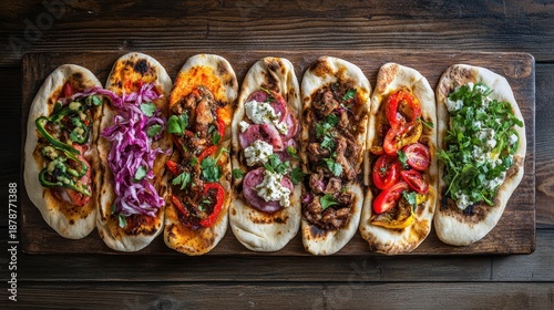 Assorted gourmet open-faced sandwiches with colorful fresh vegetables herbs and creamy toppings on wooden board