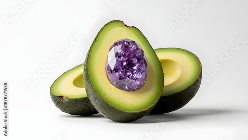Avocado halves with amethyst gemstone inside on white background