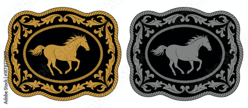 Horse Label Belt Buckle in wild western rodeo style with gold and silver silhouettes