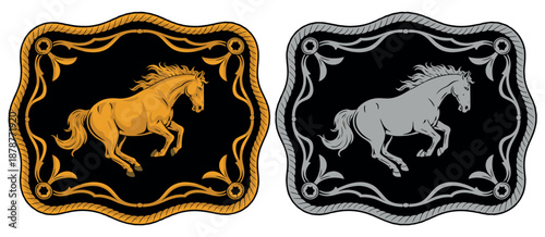 Horse Label Belt Buckle Vector Featuring Wild Western Rodeo Cowboy Style with Gold and Silver Silhouettes, Equestrian Motifs, and Rustic Country Design
