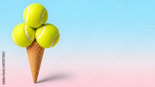 Tennis balls stacked on an ice cream cone in pastel colors