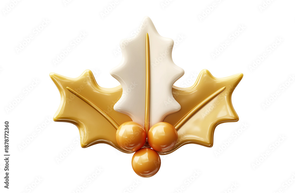 Obraz premium 3D Rendered Golden Holly Leaf with White Berries berry isolated on a transparent background