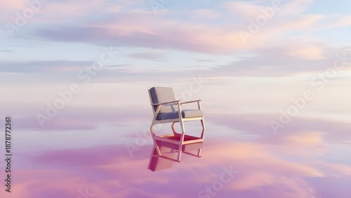 Lonely chair floats on serene pink lake at sunset