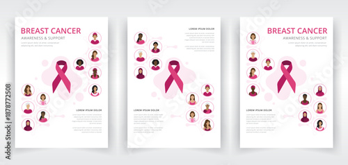 Breast cancer awareness poster or report cover, and interior page templates with pink ribbons, women and medical staff from diverse ethnicities and age groups