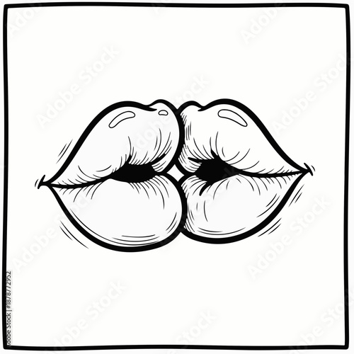 Romantic sketch of kissing lips on a simple white background