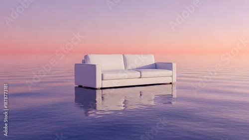 Serene white couch floating on calm water at sunset