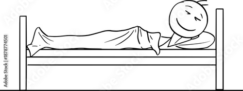 Smiling person happily sleeping in bed, vector cartoon stick figure or character illustration.