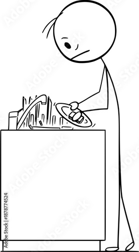 Person or man washing dishes in the sink, vector cartoon stick figure or character illustration.