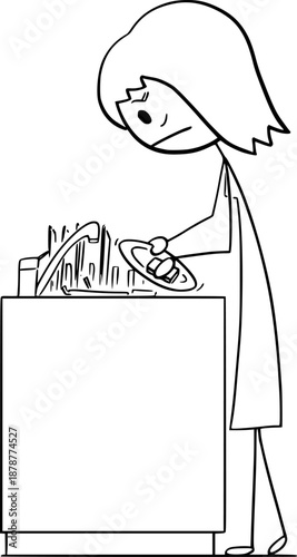 Wife or woman washing dishes in the sink, vector cartoon stick figure or character illustration.