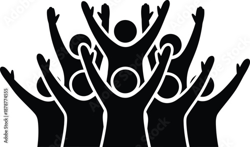 Black and white silhouette of multiple hands raised up with the word Whisk in the center for community branding and teamwork or kitchen staff and culinary group projects in a simple design