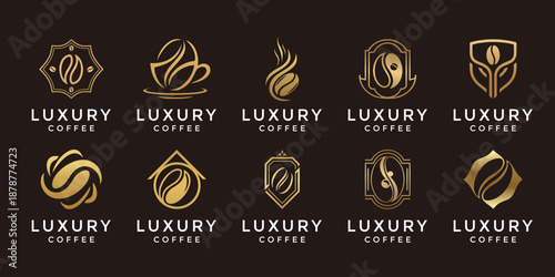 Luxury Coffee Logo Design Set, Golden Coffee Bean and Cup Icons for Premium Cafe Branding