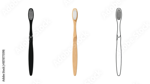 Toothbrush icon set in black, wooden, and outline