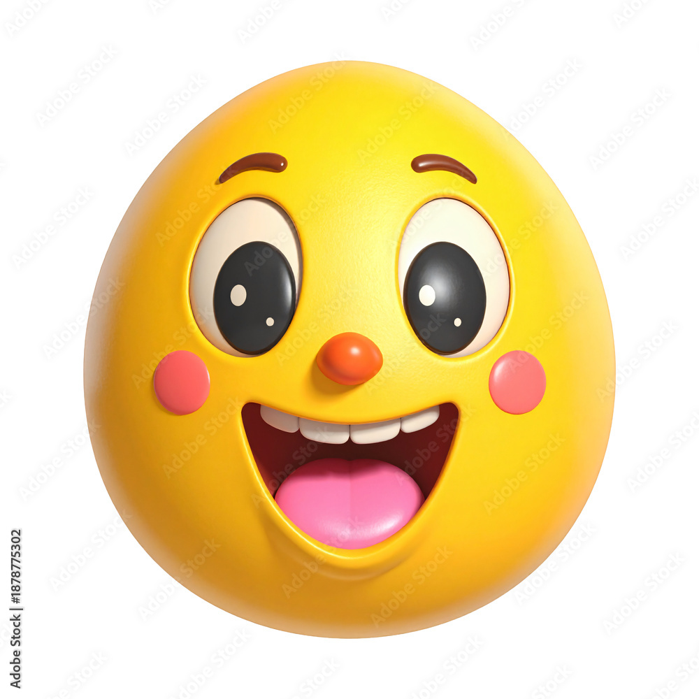 Fototapeta premium Cheerful Yellow Emoji Face with Pink Cheeks and Open Mouth Keywords: emoji, emoticon, face, yellow, happy, laughing isolated on a transparent background