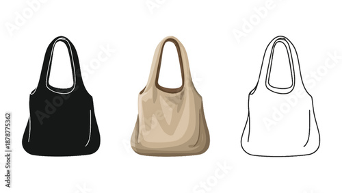 Reusable eco tote bag icon set in black, beige, and outline