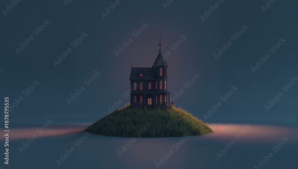 Naklejka premium Enchanted Minuscule House on Isolated Hill Amidst Foggy Atmosphere