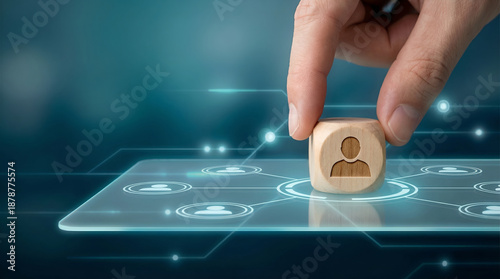 Human resource recruitment leadership business networking management team connection talent choice hand cube icon profile job hiring selection