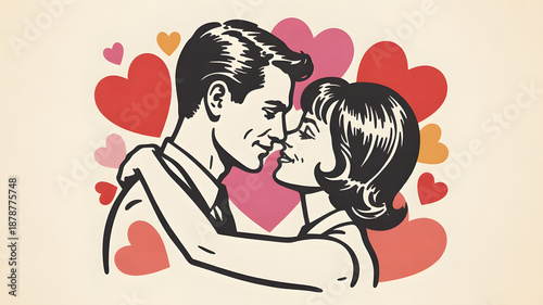 A vintage style couple embracing romantically with hearts isolated on a soft cream background for valentine marketing visual material.