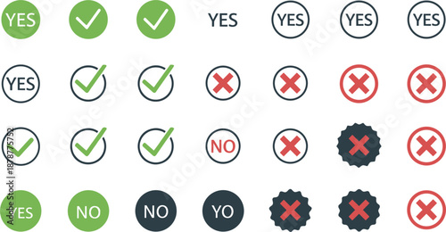 Yes and No Icons Set with Checkmarks and Cross Symbols for Approval, Rejection, and Decision Status Vector Illustration