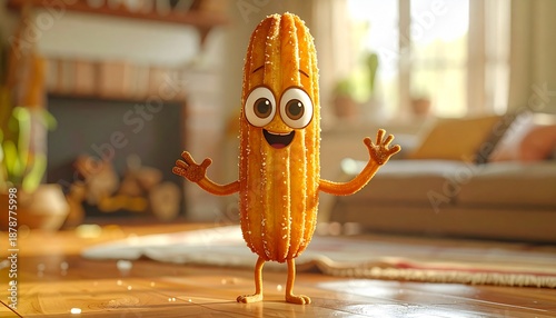 A cute churro with big eyes, legs and hands, cartoon mascot style, ultra-realistic photography, full body photography, slightly blurred background in a kitchen