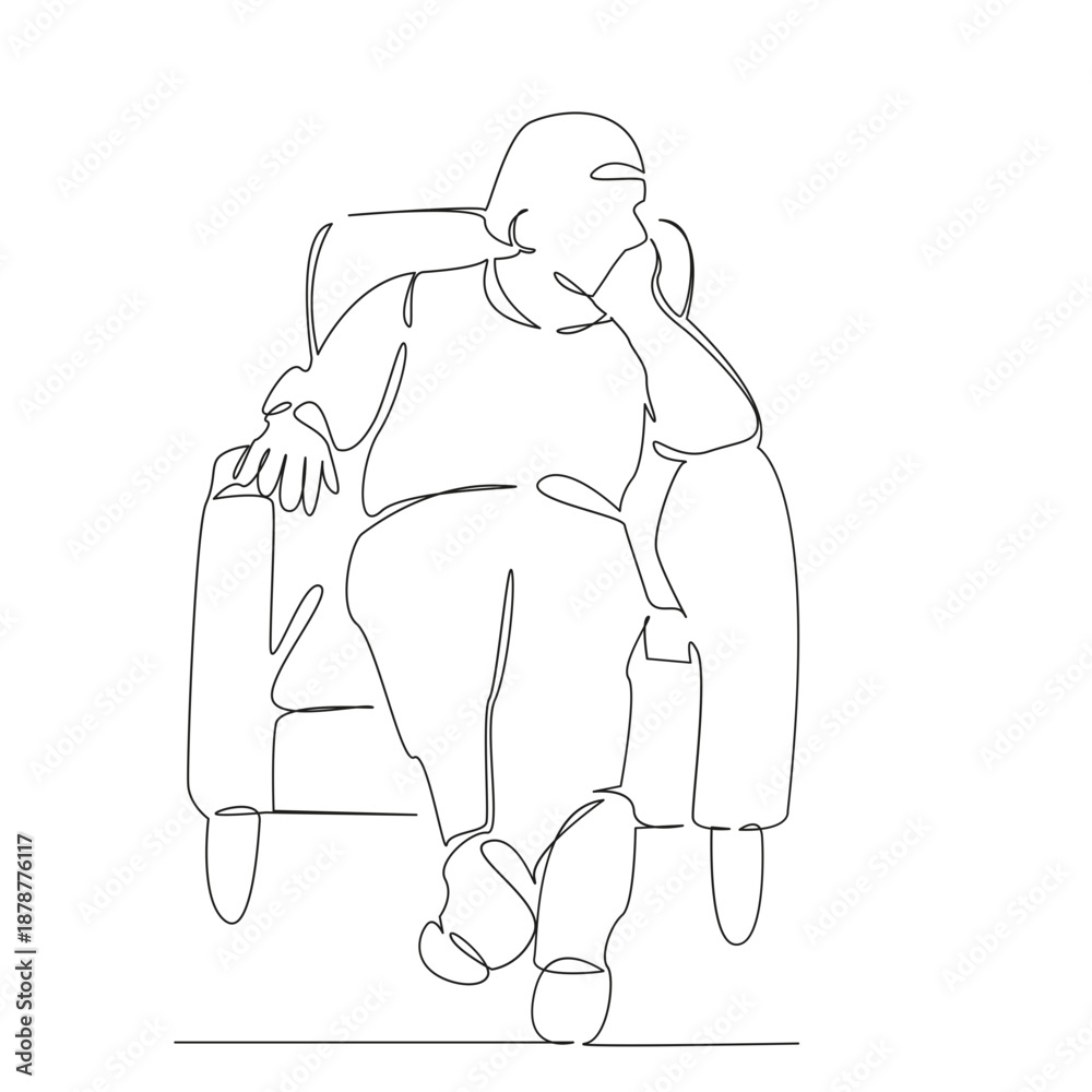 Fototapeta premium One continuous single drawing line art flat doodle person, man, chair, isolated, portrait, sitting, male, background. Isolated image hand draw contour on a white background; hand drawn; not AI