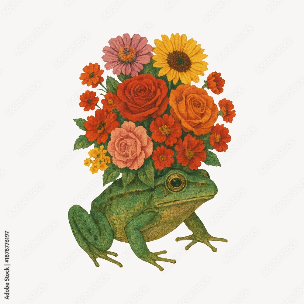 Fototapeta premium Frog with vibrant floral bouquet