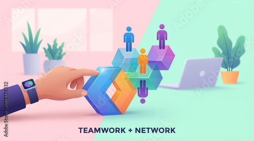 Teamwork network collaboration office concept, digital business connection symbol, remote project communication, pastel color illustration