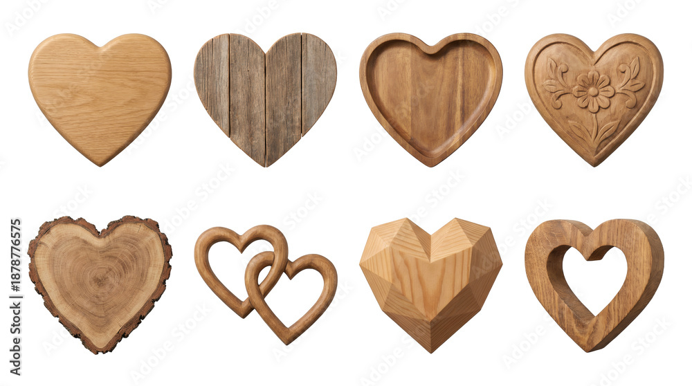 Fototapeta premium Wooden heart set including carved, rustic, geometric, interlocking, and hollow variants isolated. Decorative timber collection for craft and romance.
