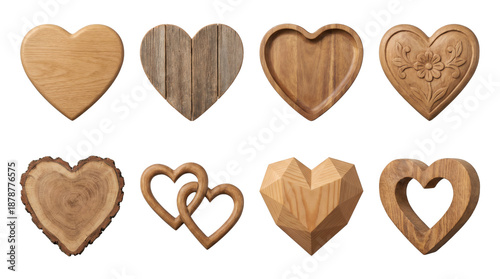 Wooden heart set including carved, rustic, geometric, interlocking, and hollow variants isolated. Decorative timber collection for craft and romance.