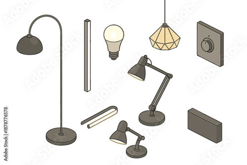 Isometric set of different lamps, light bulbs, and electrical control devices