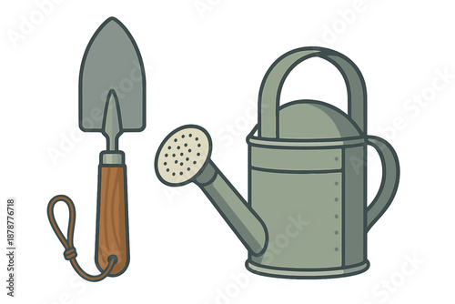 Classic garden tools set featuring a wooden handle trowel and a traditional watering can