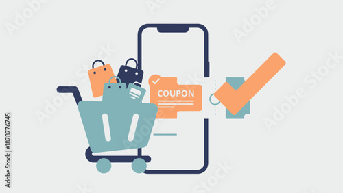 Online shopping cart with coupons and discounts on mobile device screen