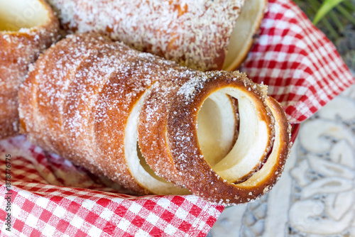 Photography Hungarian traditional sweet food Kurtoskalacs, also called chimney cake in baske
