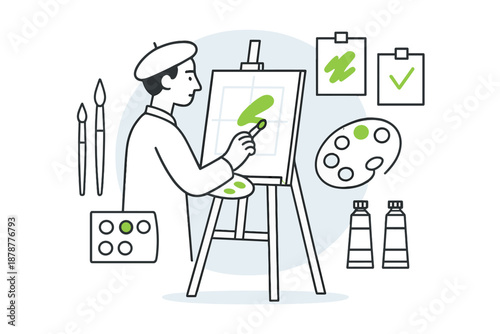 Professional painter creating artwork on a canvas with an easel and various tools