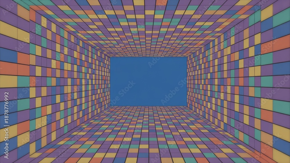 Fototapeta premium Vibrant colorful tunnel with multicolored blocks and blue background