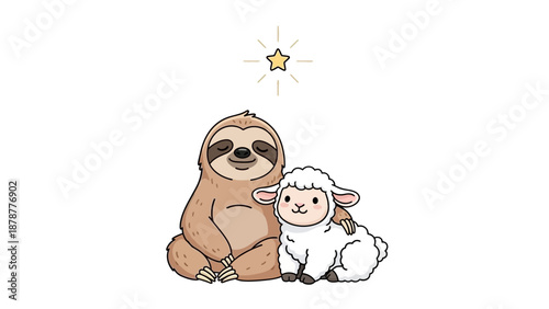 Cuddly sloth and sheep friends under a starry night
