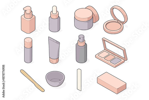 Isometric beauty product packaging set including bottles, jars, tubes, and makeup accessories