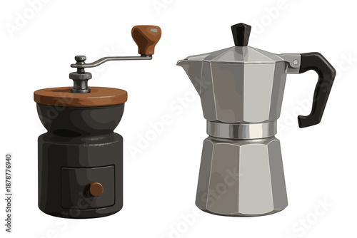 Modern manual burr coffee grinder and classic aluminum Moka pot for brewing espresso style coffee