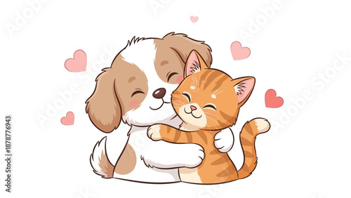 Cuddly dog and cat hug with hearts around them