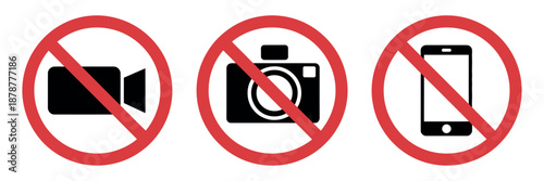 Prohibition Sign Set featuring no photography, no video recording, and no mobile phone use