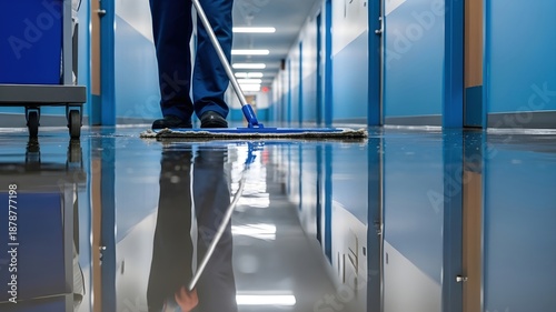Professional Floor Cleaning: Janitor mopping blue hospital corridor, wet floor reflection, commercial cleaning service, industrial maintenance, hygiene and safety concept