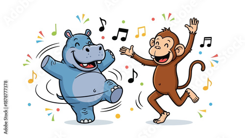 Happy hippo and monkey dancing together in musical fun