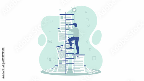 A person climbing a tall ladder to reach the top rung, surrounded by abstract shapes