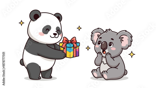 Panda presents gift to surprised koala with colorful wrapping