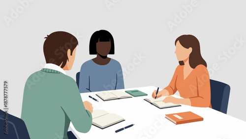 Three individuals engaged in a collaborative meeting around a table with notebooks and pens