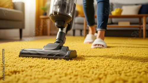Cleaning Carpet with Vacuum: Close up of modern vacuum cleaner head on thick yellow rug, person walking in background, home hygiene and domestic housework maintenance concept