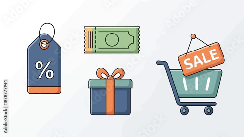 Shopping cart with sale sign, gift box, discount tag, and dollar bill on white background