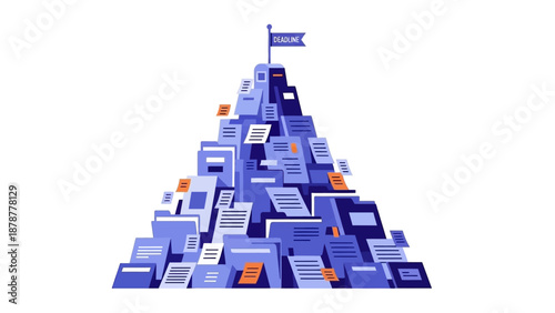 A pyramid of blue and orange documents rising to a flag on a white background